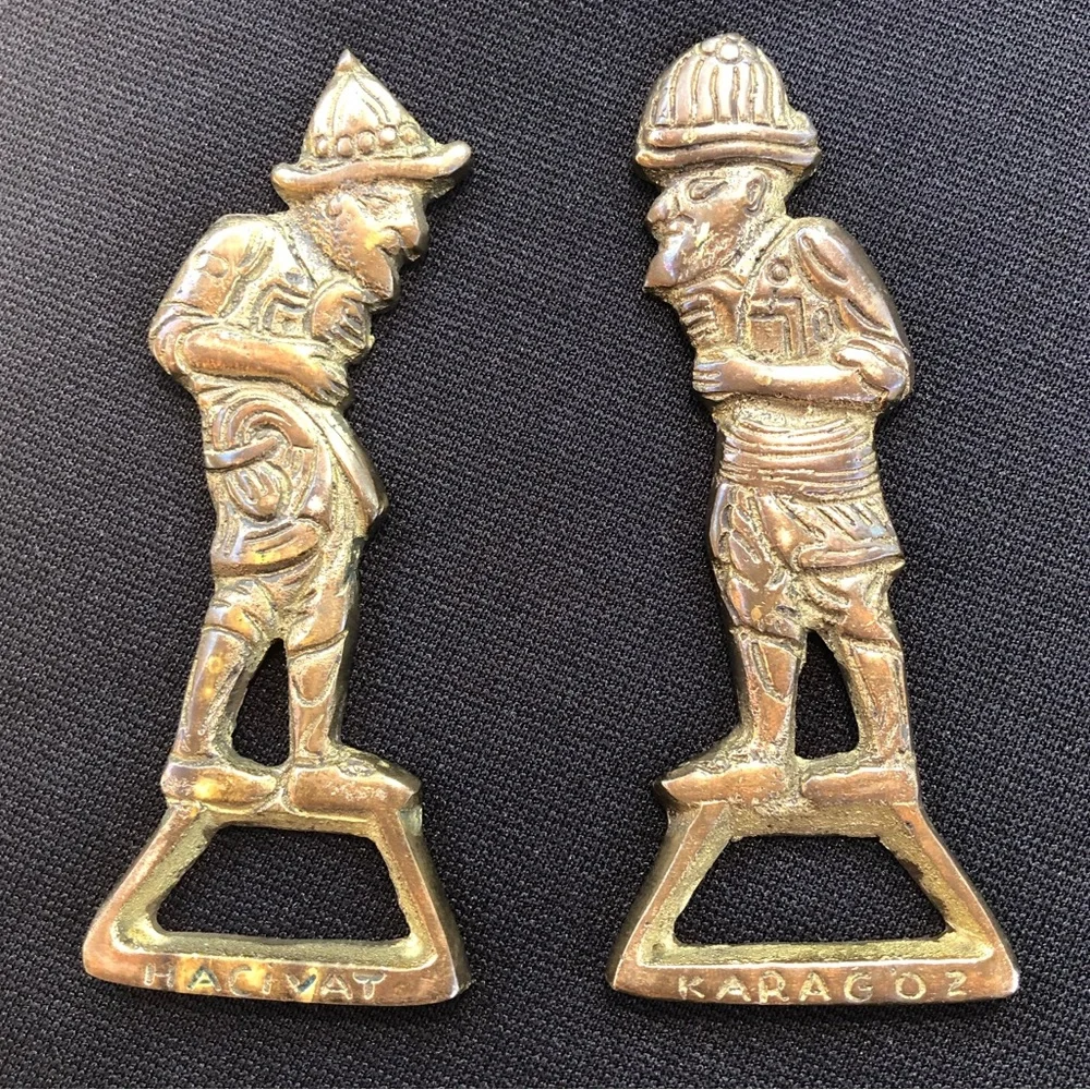 Two Vintage Karagoz & Hacivat Figures Brass Bottle Openers - Barware - Turkey